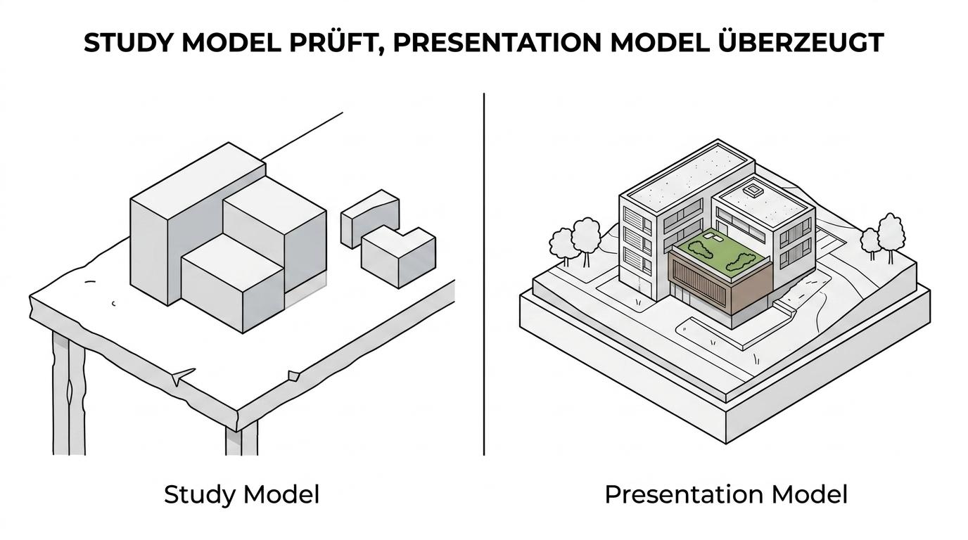 Gegenüberstellung eines einfachen Study Models und eines hochwertigen Presentation Models mit unterschiedlichem Detailgrad.