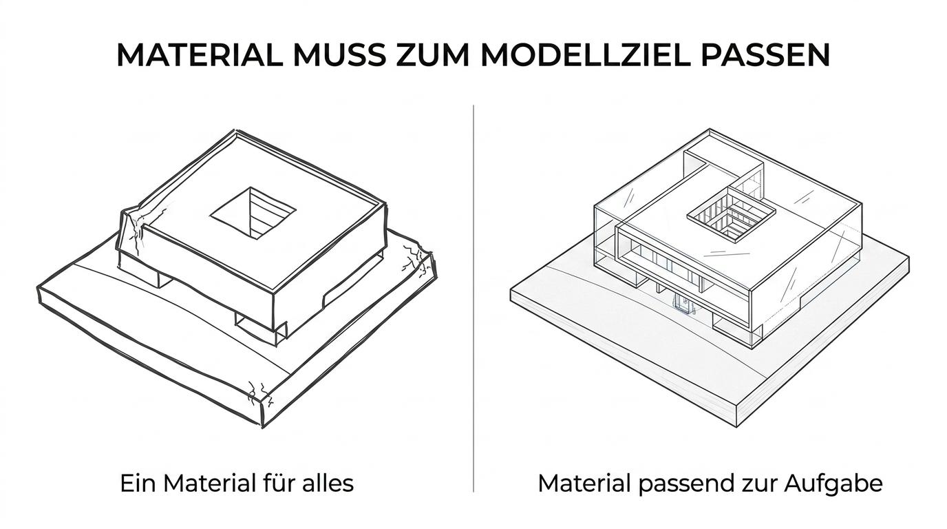 Comparison of acrylic, MDF, wood, cardboard, and resin for architectural model making, showing typical uses and tradeoffs.