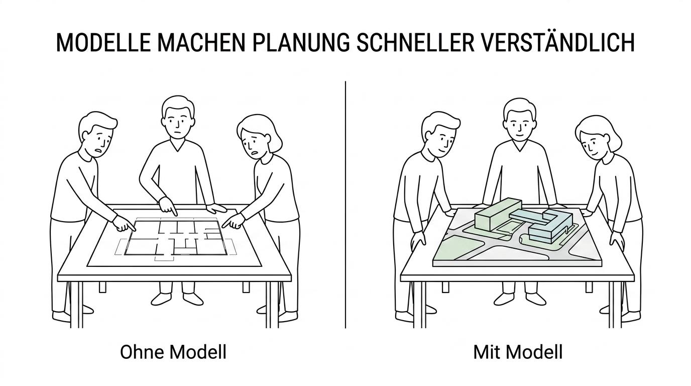 Nebeneinander ein flacher 2D-Bauplan und ein physisches Architekturmodell, das Volumen, Wege und Umfeld räumlich sichtbar zeigt.