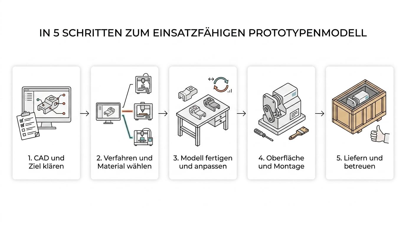 Fünfstufiger Prozess vom CAD-Stand über Verfahrens- und Materialwahl bis zur Fertigung, Endmontage und Lieferung eines Prototypenmodells.