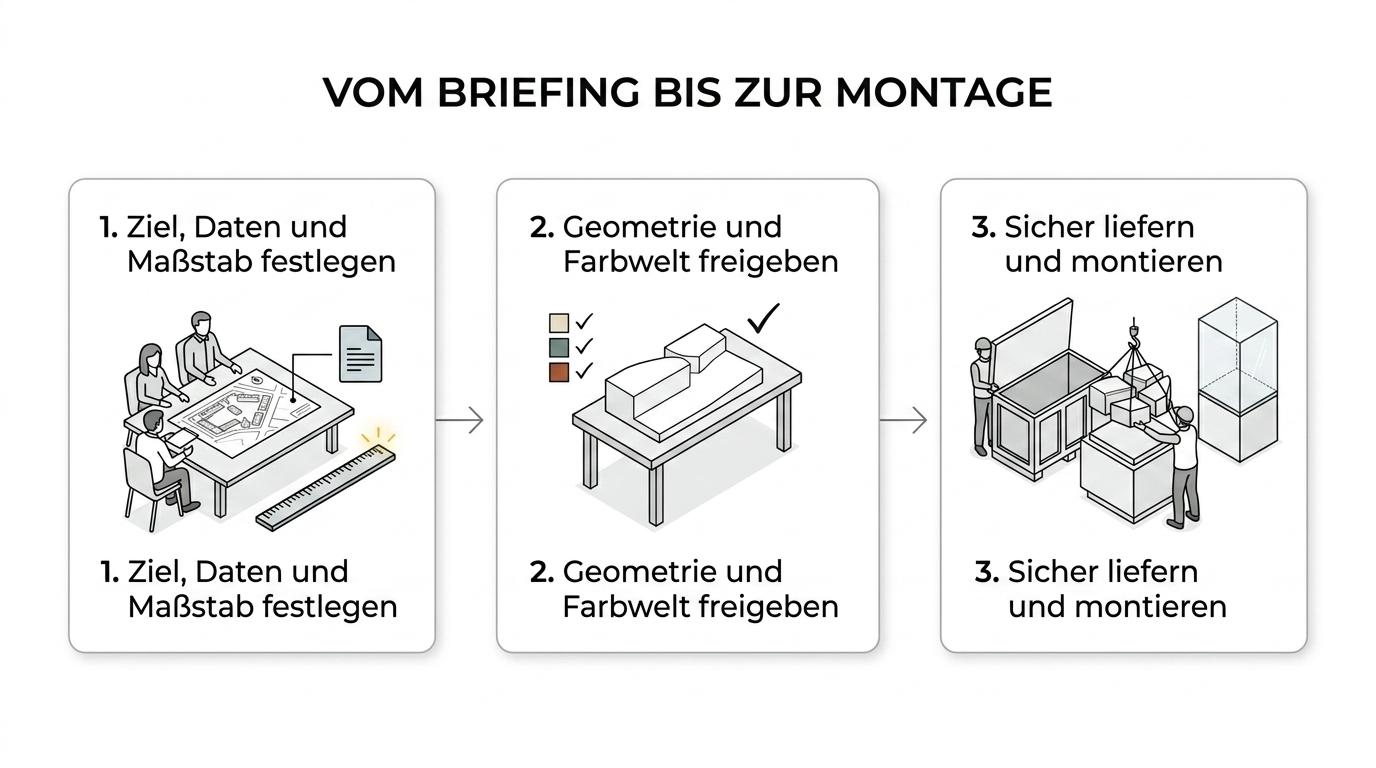 A step-by-step diagram showing a model-building project from briefing and data handover to approvals, production, transport, and on-site assembly.