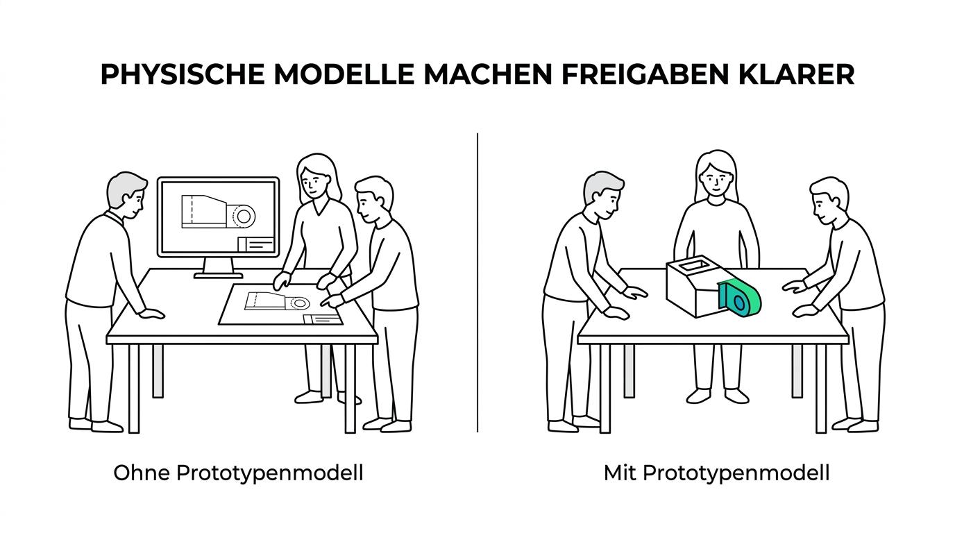 Zwei Freigabesituationen im Vergleich: links Diskussion nur mit CAD und Zeichnungen, rechts ein Team prüft ein physisches Prototypenmodell und markiert konkrete Probleme.