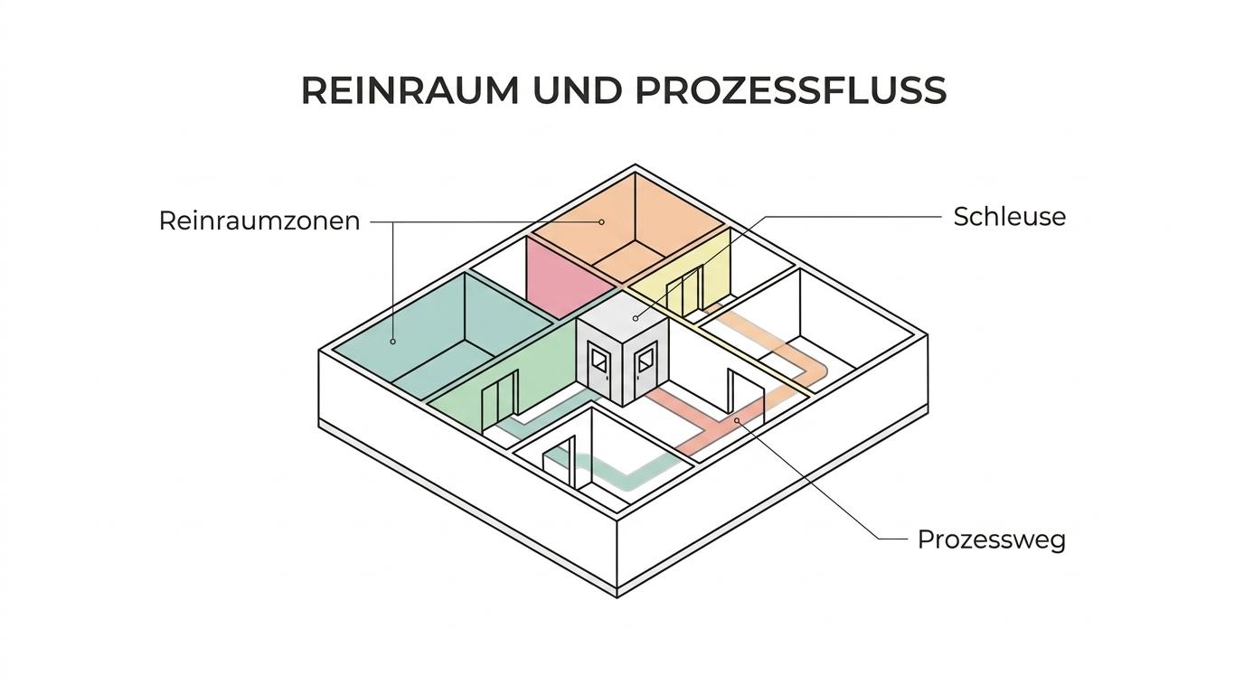 Beschriftetes Labormodell einer Pharmaanlage mit Reinraumzonen, Schleusen sowie Material- und Personalwegen.