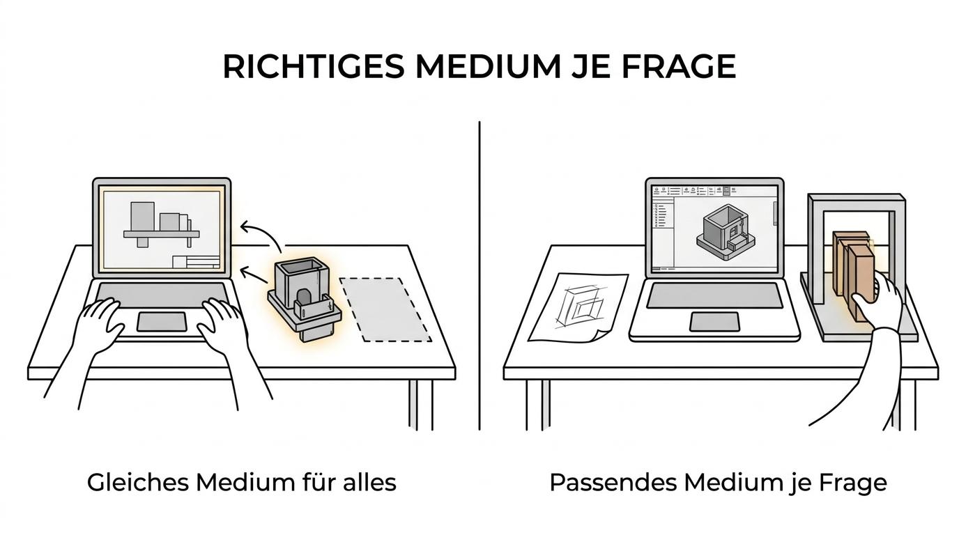 Nebeneinander dargestellte Beispiele eines physischen Prototyps, eines CAD-Modells und einer Handskizze mit kurzen Hinweisen zu ihren Stärken.