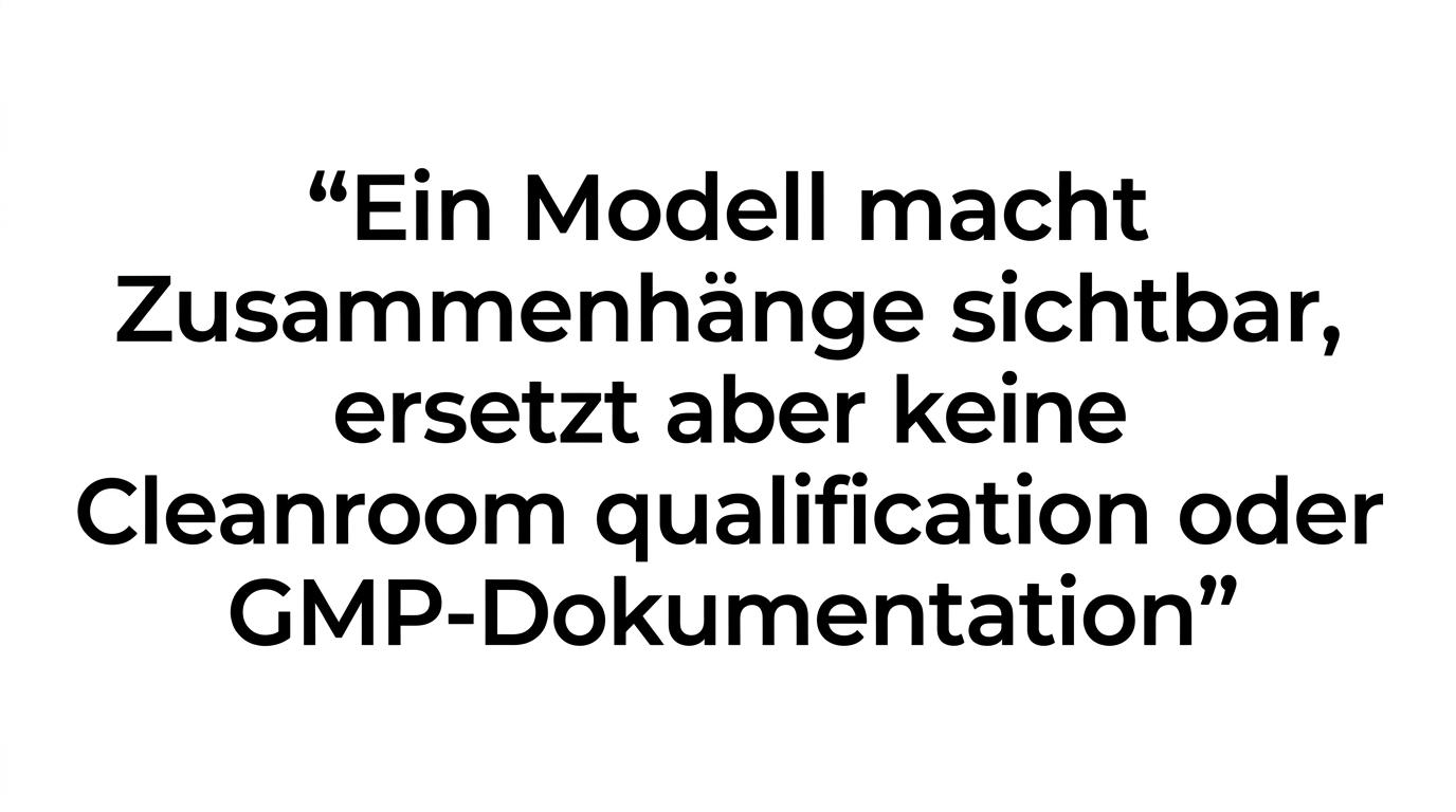 Typographic quote stating that a model does not replace cleanroom qualification or GMP documentation.