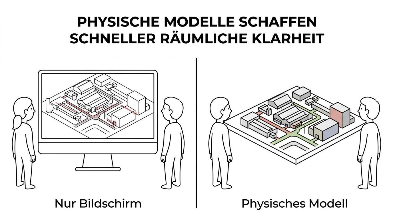 Seitenvergleich eines physischen Industriemodells auf einem Besprechungstisch und derselben Anlage als CAD-Darstellung auf einem Bildschirm.