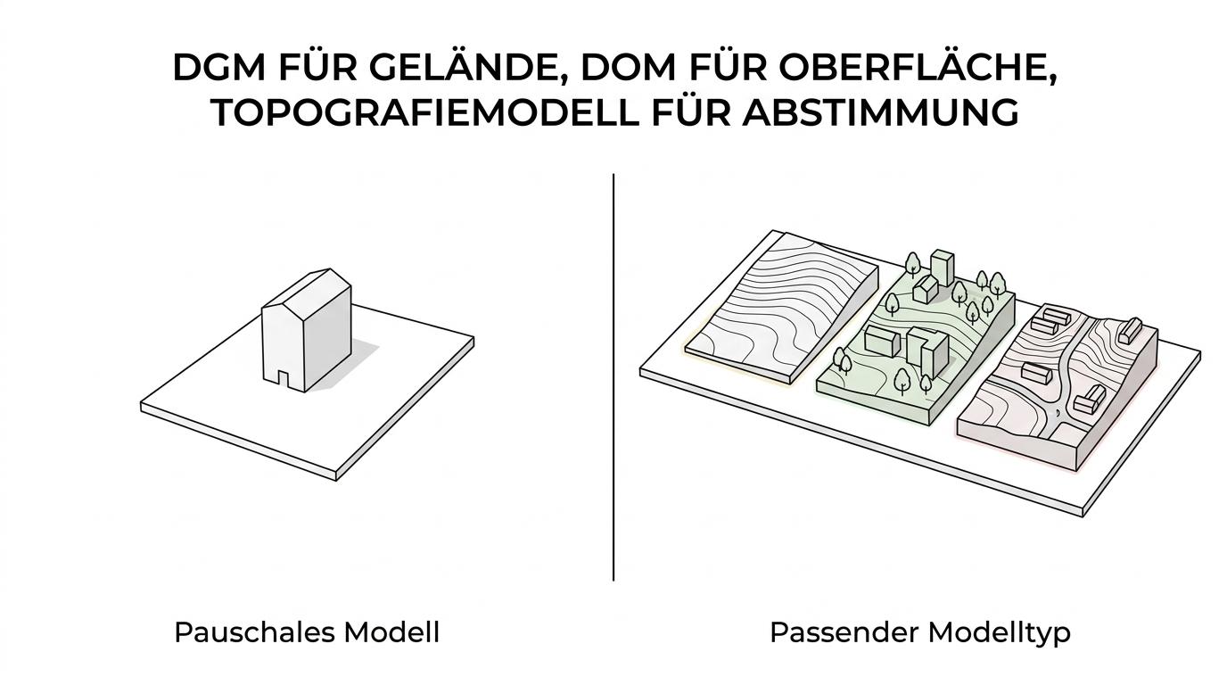 Vergleich desselben Standorts als DGM, DOM und physisches Topografiemodell mit sichtbar unterschiedlichen Informationen zu Gelände, Bebauung und Kontext.