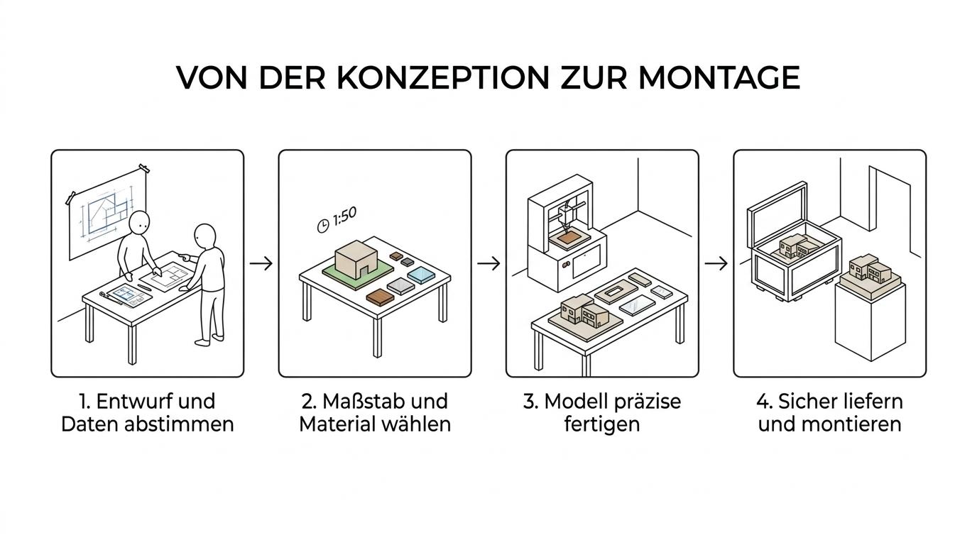 Ein Ablaufdiagramm zeigt die Schritte vom Briefing und der Maßstabswahl über CNC, Laserschneiden und SLA-3D-Druck bis zu Lackierung, Verpackung, Lieferung und Montage.