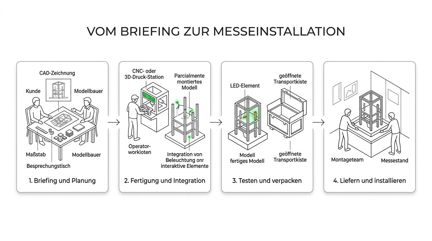 Ablaufgrafik eines Messemodell-Projekts vom Briefing über Fertigung und Tests bis zur Lieferung und Installation vor Ort.