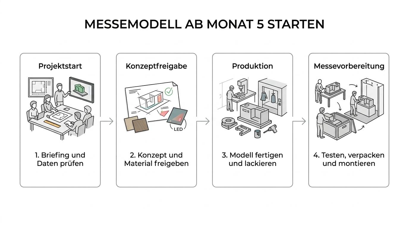 Zeitstrahl mit den Phasen eines InnoTrans-Messemodells von Briefing und Datenprüfung bis Funktionstest, Transportfreigabe und Montageplanung.