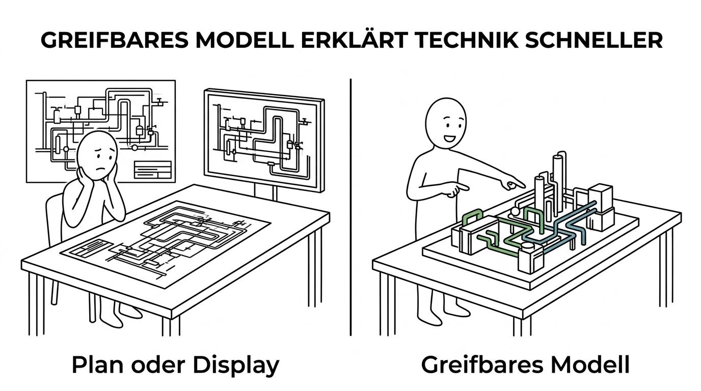 Gegenüberstellung aus technischem Plan auf einem Bildschirm und beleuchtetem Industriemodell auf einem Messestand.