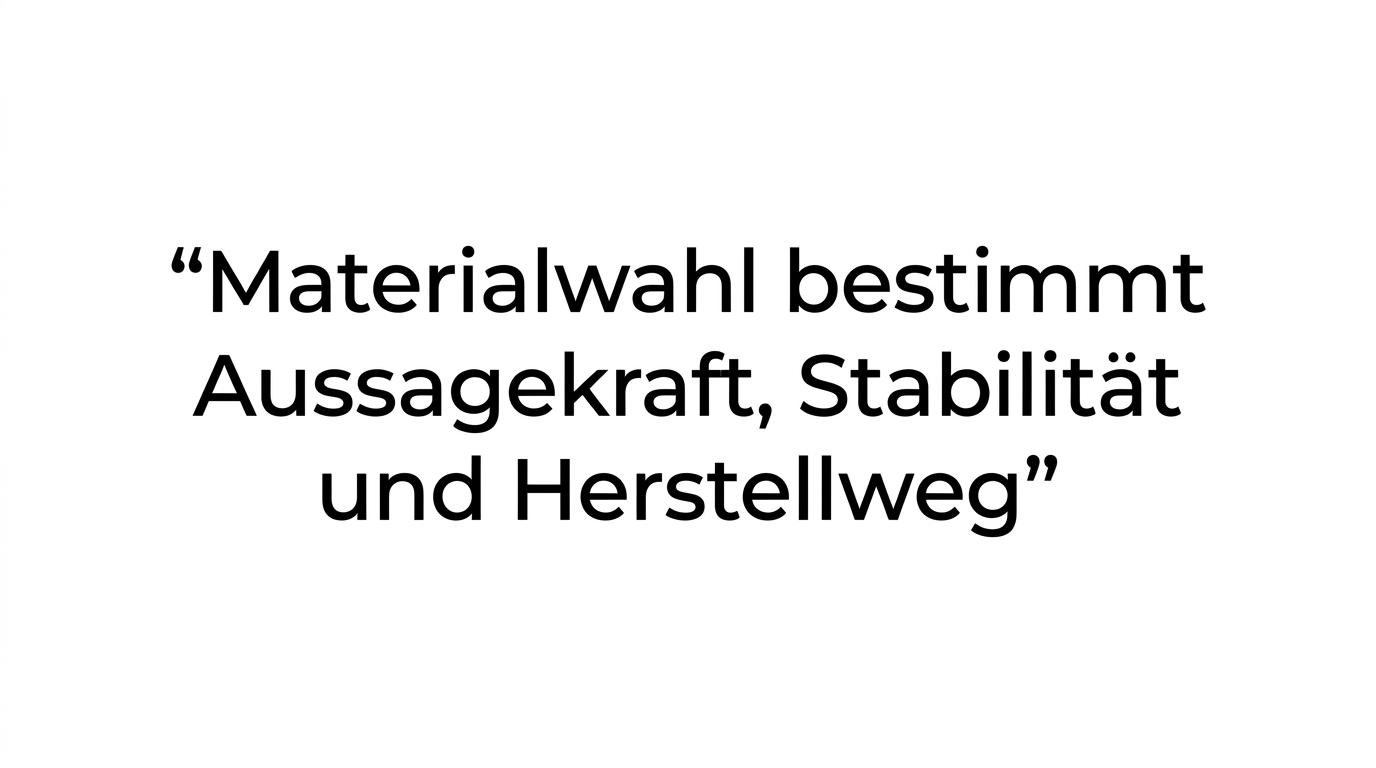 Hervorgehobenes Zitat zur Materialwahl als technische statt rein gestalterische Entscheidung.