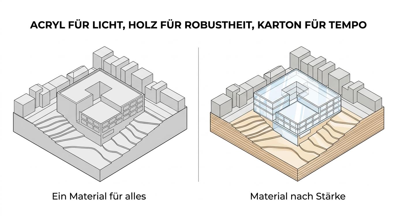 Seitenvergleich von Acryl, Holz und Karton im Architekturmodellbau mit typischen Stärken und Einschränkungen.