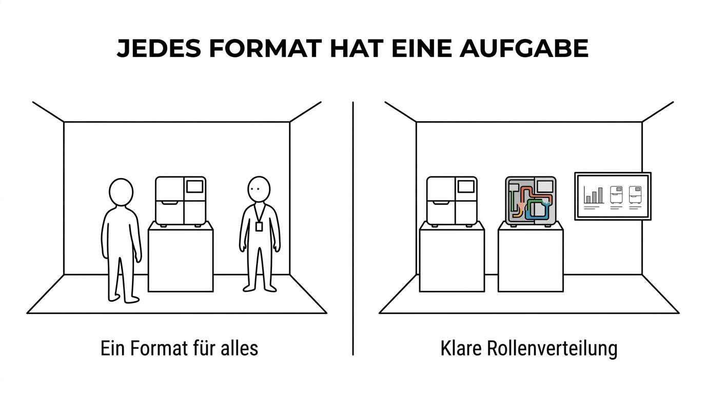 Seitenvergleich eines echten Laborgeräts, eines digitalen Renderings und eines physischen Messemodells mit ihren jeweiligen Einsatzstärken.