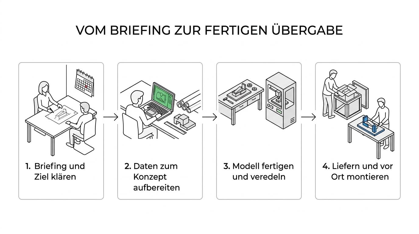 Four-step workflow showing briefing, concept development, fabrication, and delivery or on-site installation for a custom model project.