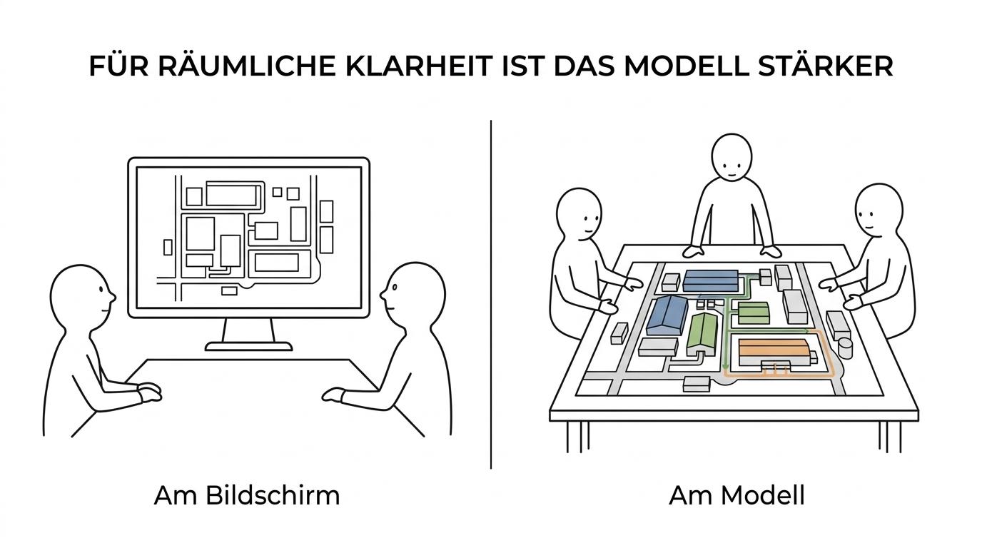 Seitenvergleich von Fabrikmodell, Rendering und digitalem Zwilling mit ihren jeweiligen Stärken und Einsatzbereichen.