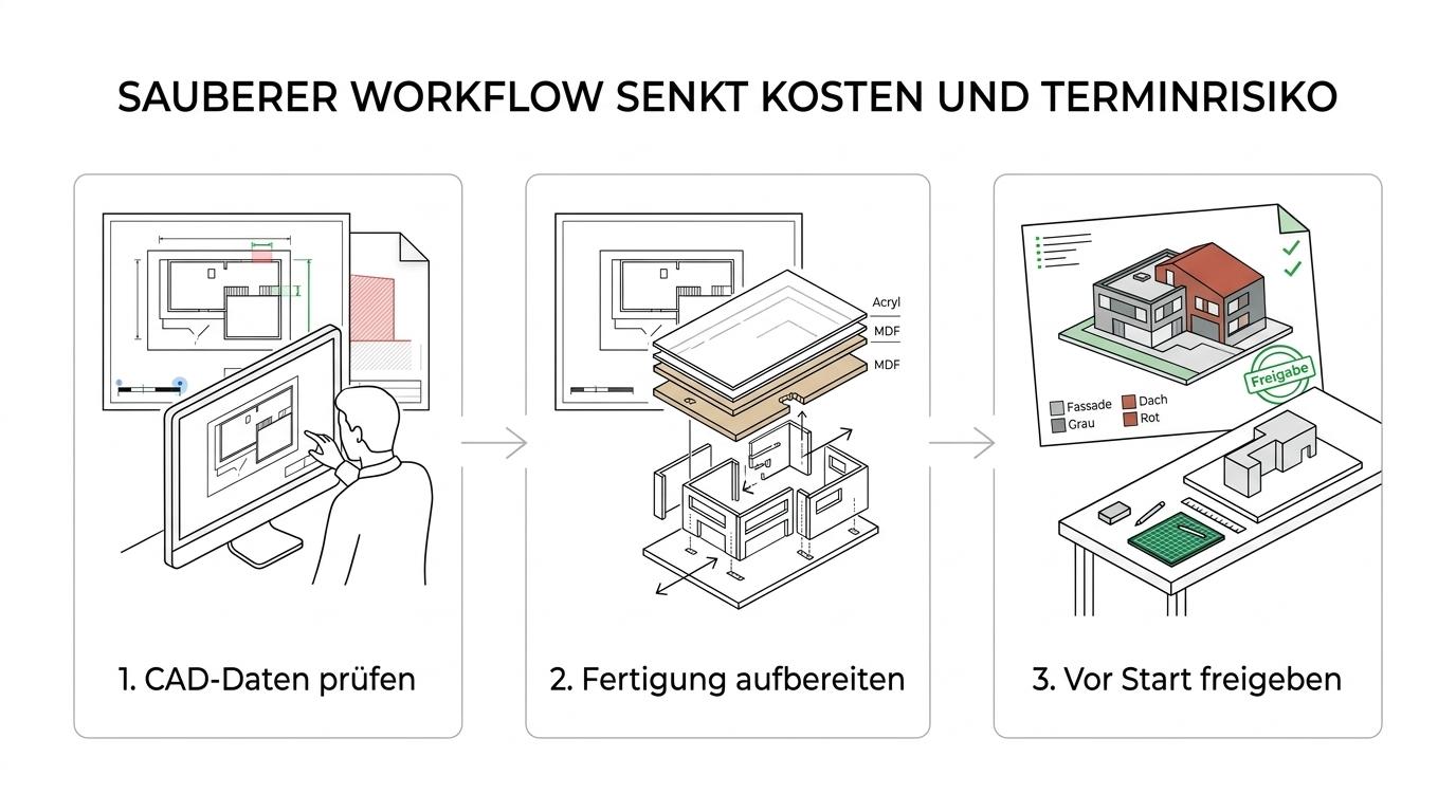 Ablaufgrafik von Briefing und CAD-Prüfung über Prototypen und Fertigung bis zu Montage und Transport eines Architekturmodells.