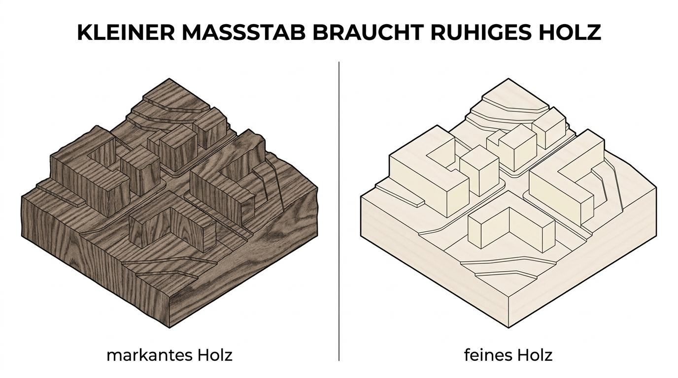 Vergleich von Linde, Basswood, MDF, Buche und Eiche für Architekturmodelle nach Oberfläche, Bearbeitbarkeit und typischem Einsatz.