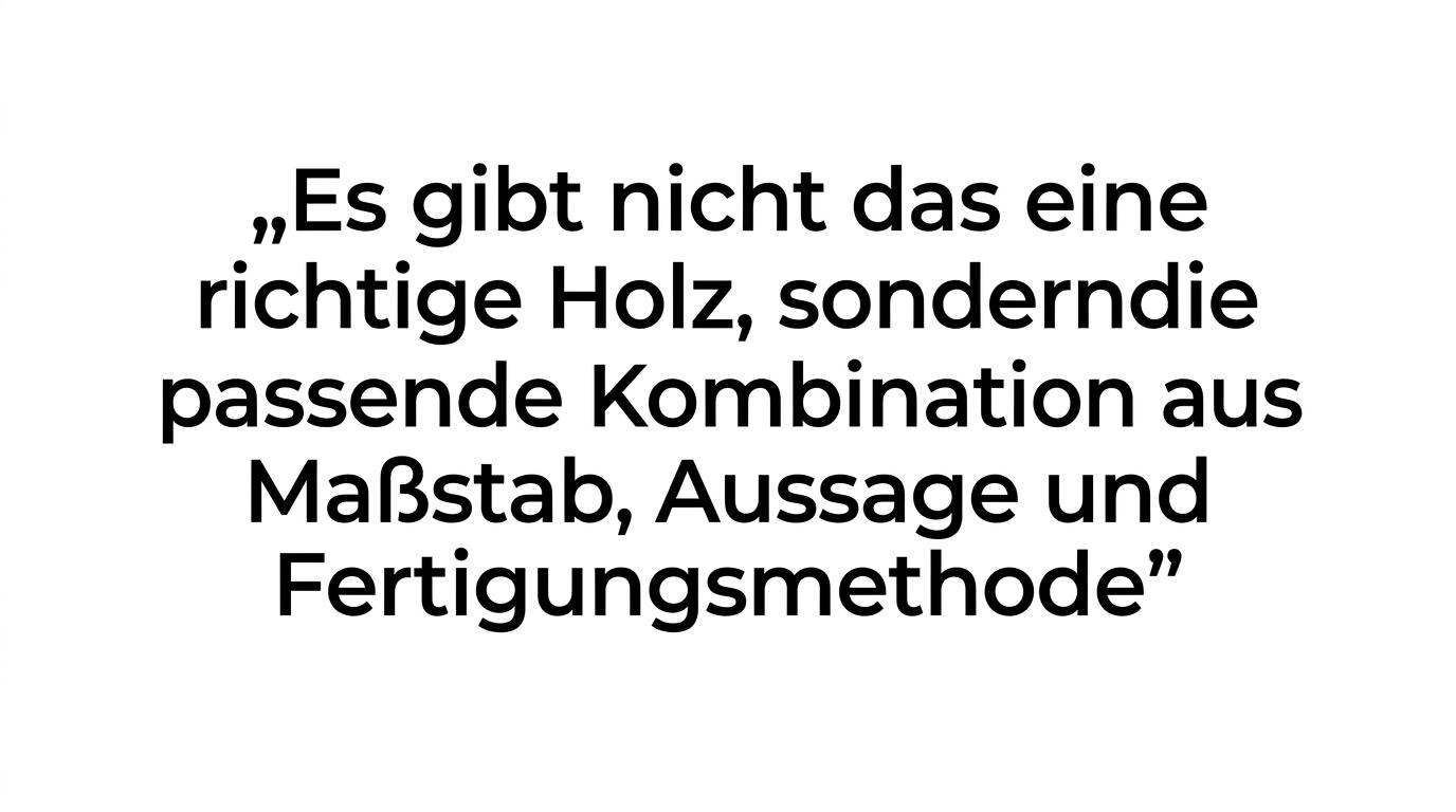 Hervorgehobenes Zitat zur Wahl der passenden Holzart nach Maßstab, Aussage und Fertigungsmethode.