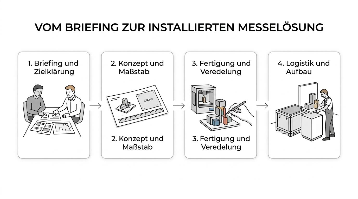 Ablaufgrafik mit den Schritten Briefing, Konzept und Maßstab, Fertigung und Veredelung sowie Logistik und Aufbau.