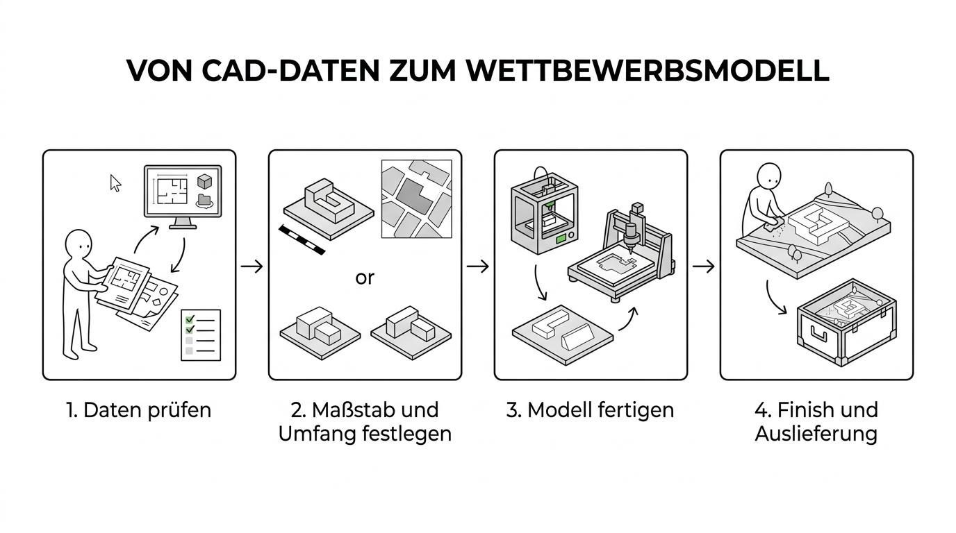 A step-by-step workflow showing briefing, scale definition, model fabrication, and final delivery of an architectural competition model.