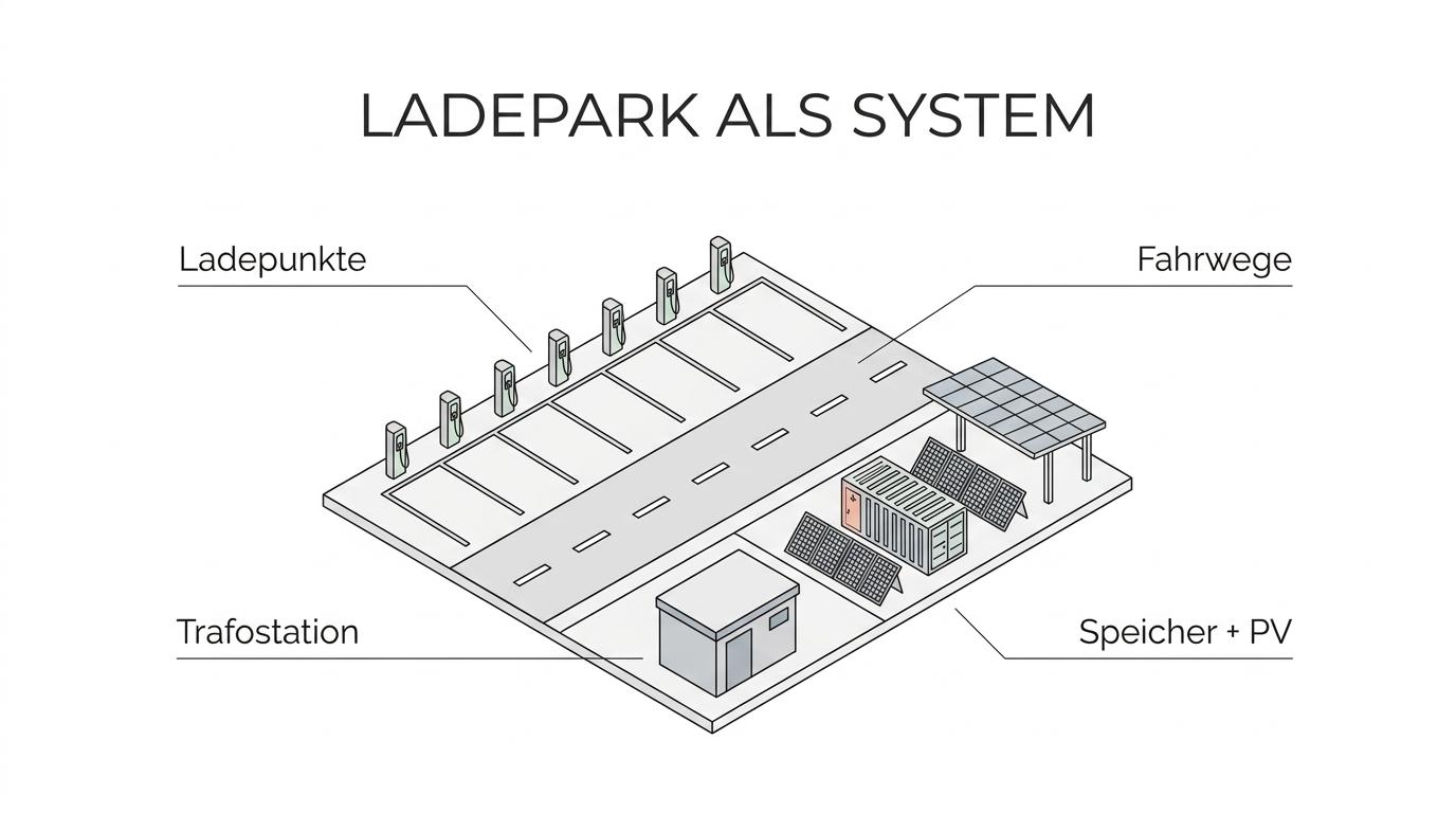 Ein detailreiches Modell eines Ladeparks mit markierten Ladepunkten, Fahrwegen, Trafostation, Batteriespeicher, PV-Flächen und Gebäuden.