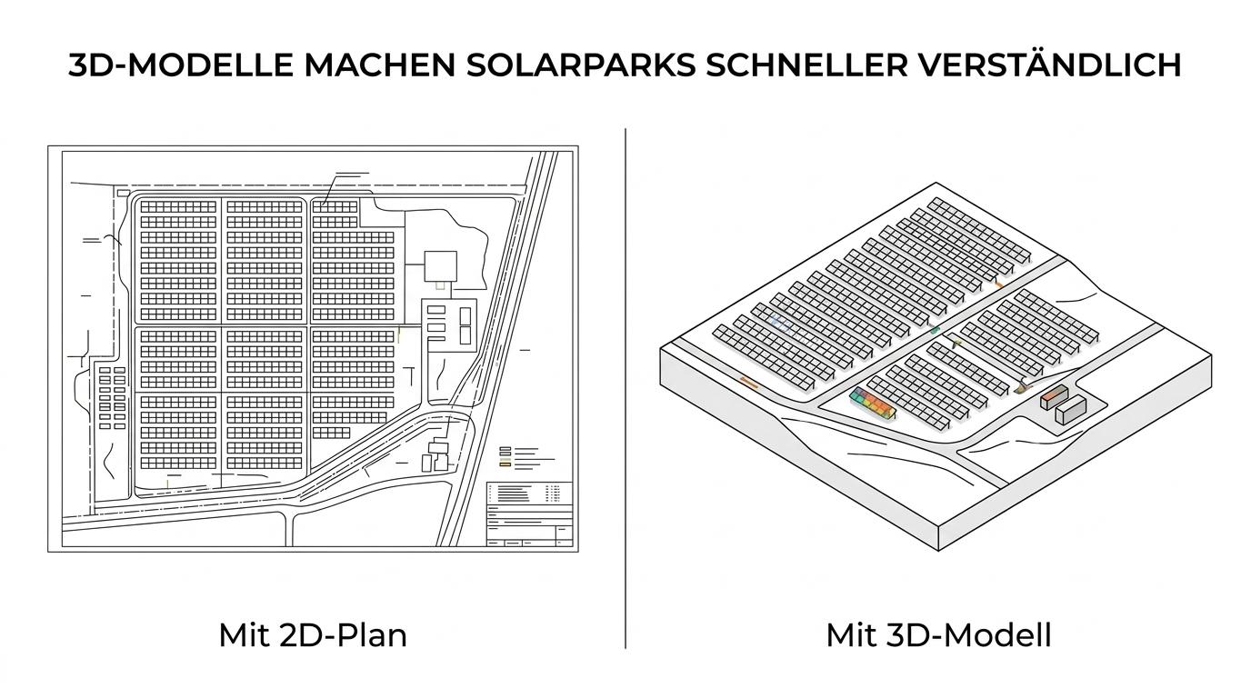 Direkter Vergleich eines flachen Solarpark-Lageplans mit einem physischen 3D-Solarparkmodell auf einem Besprechungstisch.