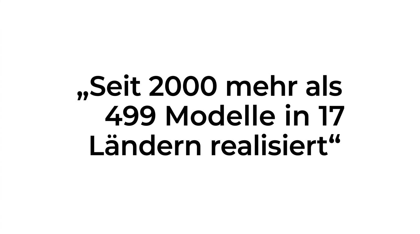 Hervorgehobenes Zitat über mehr als 499 realisierte Modelle in 17 Ländern seit 2000.