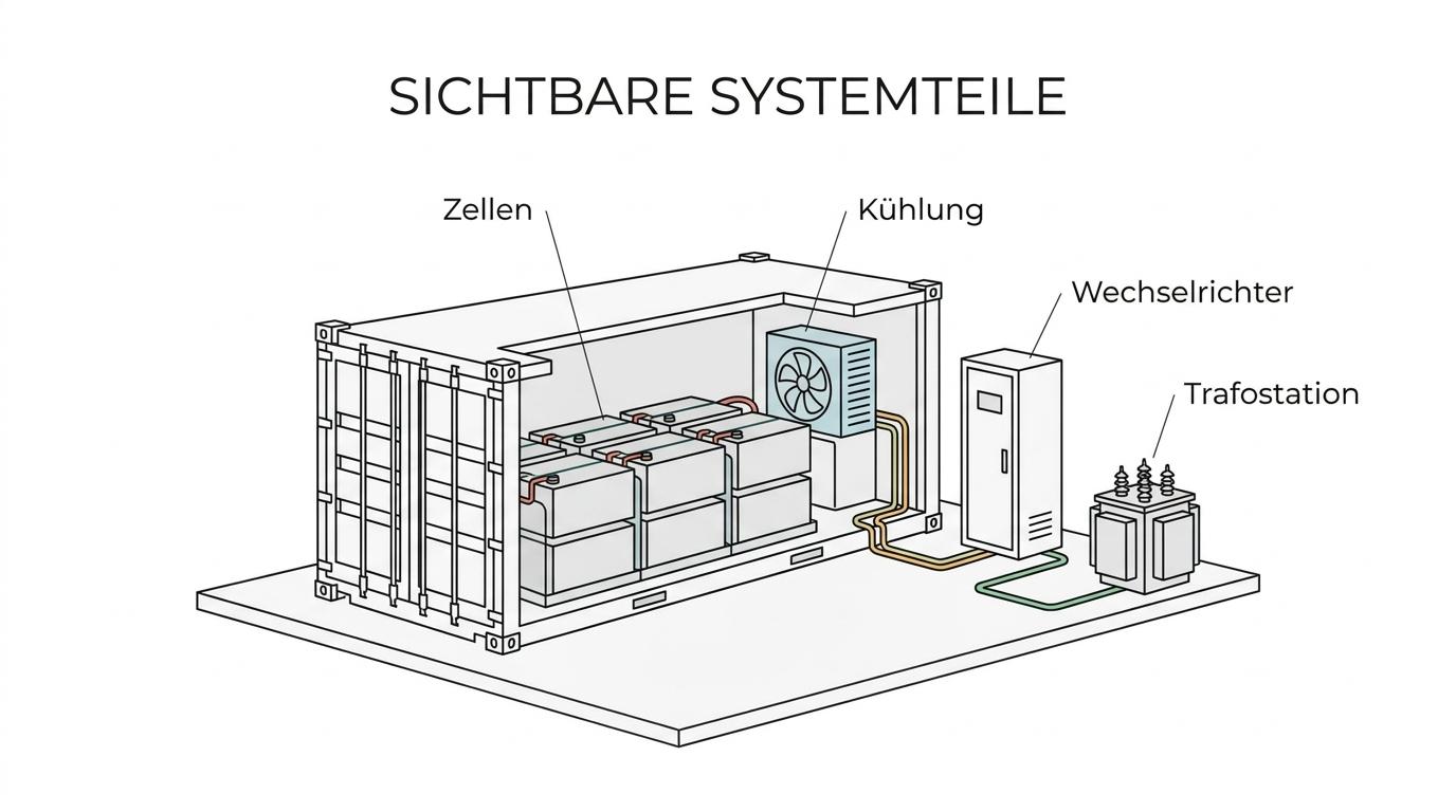 Beschriftetes Schnittmodell eines Batteriespeichers mit Containern, Zellen, Wechselrichter, Trafo, Kühlung, Kabelwegen und Sicherheitszonen.