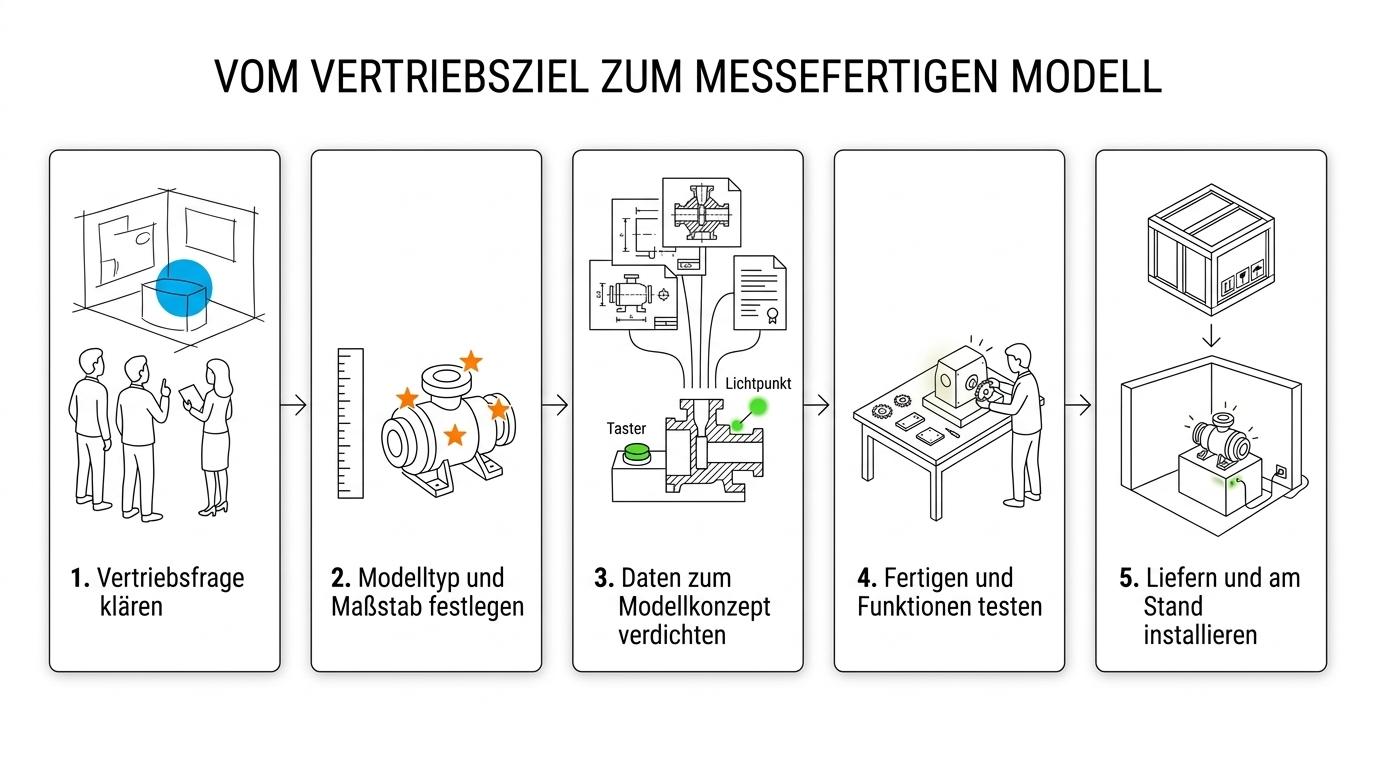 Flowchart showing the stages from sales brief and CAD data to fabrication, testing, and delivery of a trade fair model.