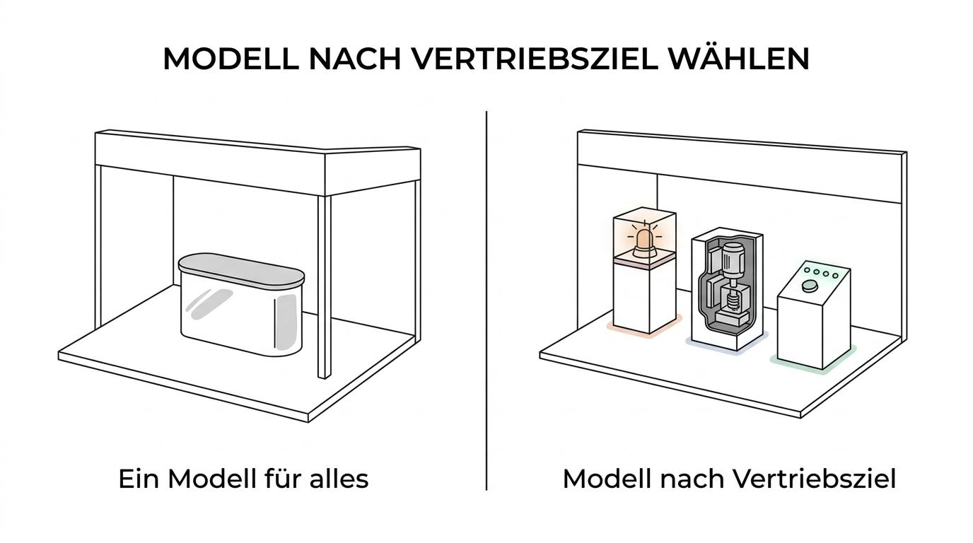 Side-by-side comparison of a Messemodell, Produktmodell, and interaktives Vertriebsmodell with their main strengths and best use cases.