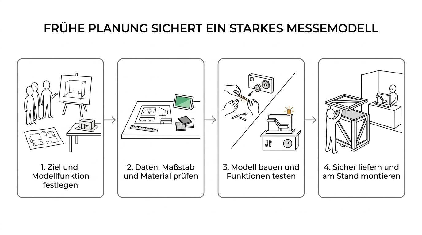 Ablaufgrafik für ein Messemodell-Projekt von Zieldefinition und Datensichtung über Fertigung und Tests bis zu Lieferung und Installation in Stuttgart.