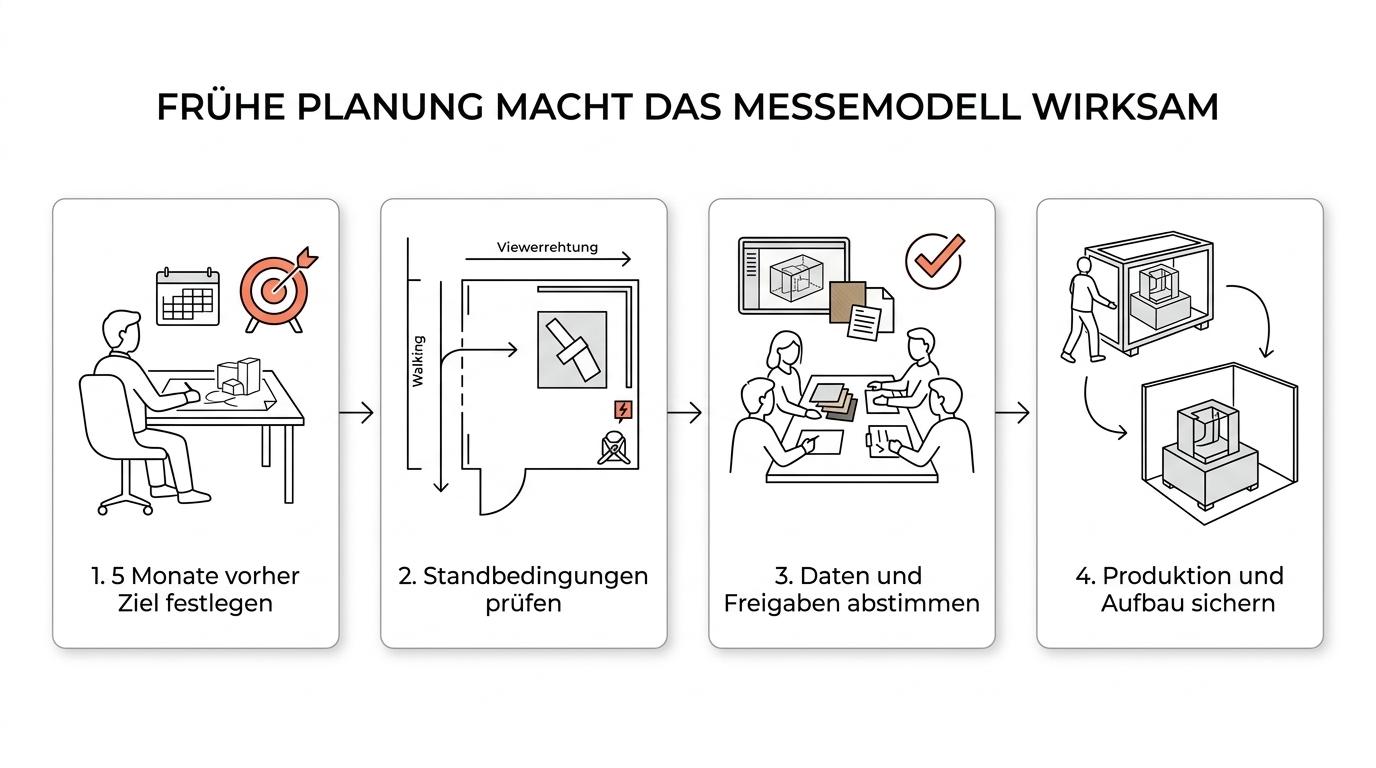 Ein Ablauf in mehreren Schritten von Vertriebsziel und Standanforderungen über Freigaben und Fertigung bis zu Transport und Installation am OTWorld-Messestand.