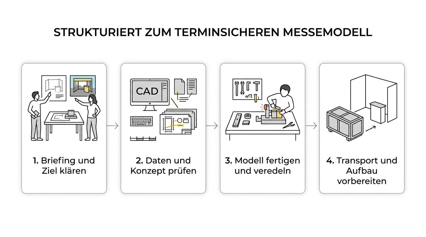 Ablaufgrafik vom Briefing über Datenprüfung und Fertigung bis zu Transport, Lieferung und Installation eines Messemodells.