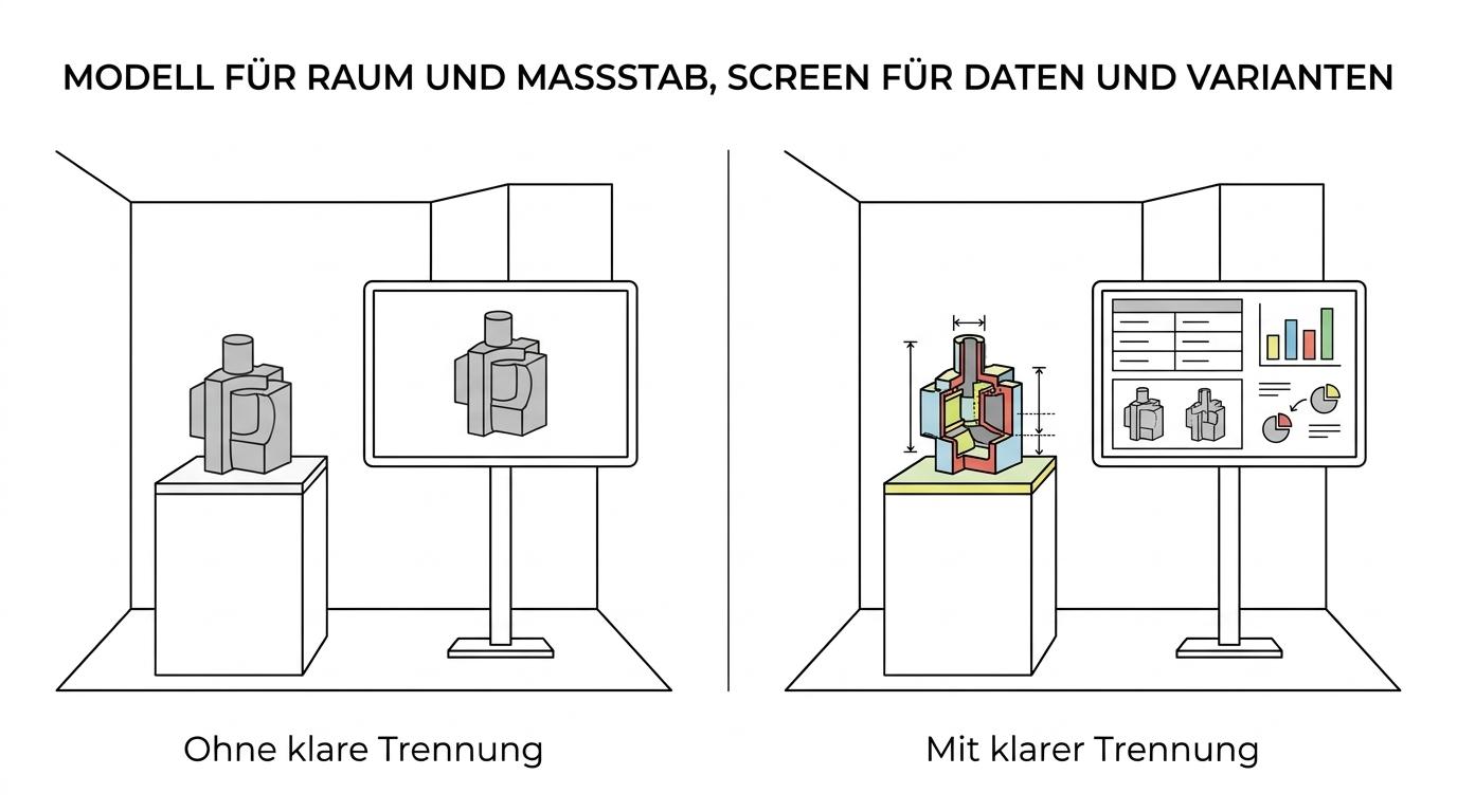 Side-by-side comparison of a physical wind-energy model and a digital screen, showing geometry and scale on one side and data and simulation on the other.
