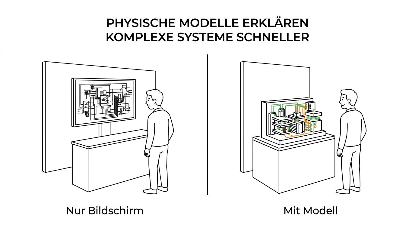 Side-by-side comparison of a physical system model, a screen rendering, a video display, and an original component used for trade fair presentation.