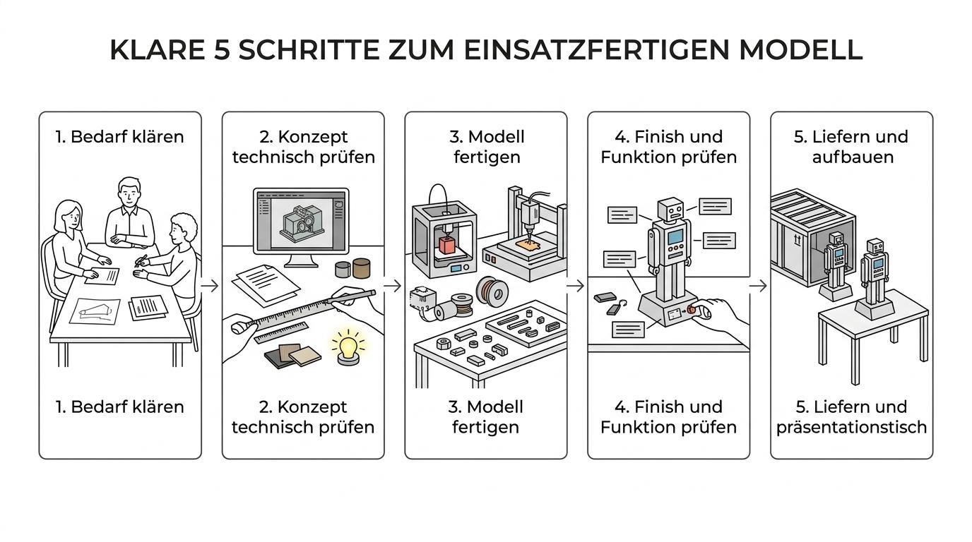 Infografik mit fünf Schritten vom Projektbriefing über technische Bewertung und Fertigung bis zu Prüfung, Lieferung und Aufbau eines Prototypenmodells.